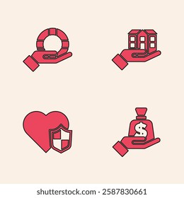 Set Money in hand, Lifebuoy, House and insurance with shield icon. Vector