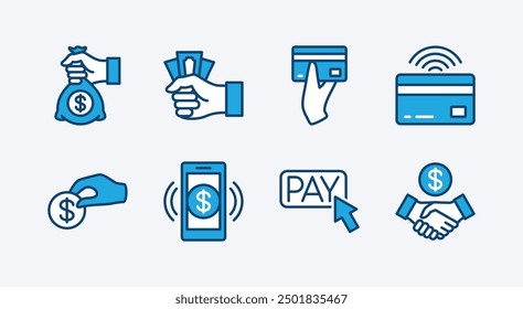 Set of money icon. Containing payment, click pay button, paying with coin, cash, agreement, atm card, transfer, paid, banking, credit, debit. Vector illustration