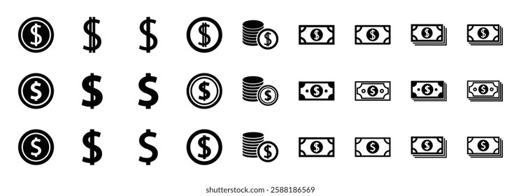 Set of money icon symbol vector on white background.
