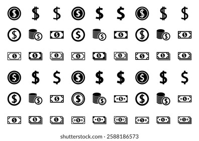 Set of money icon symbol vector on white background.