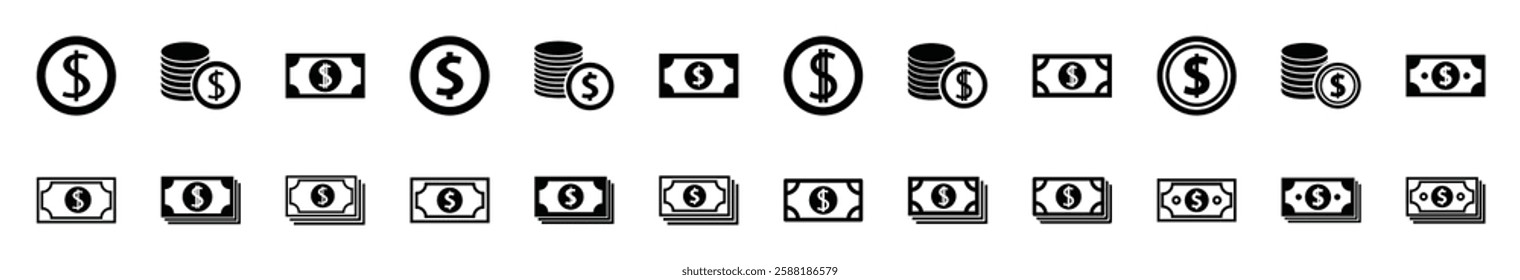 Set of money icon symbol vector on white background.