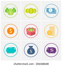 set of money icons in circle , vector