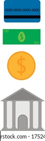 Set Geldsymbole. Erstellt für Webdesign, Spiele und Apps. Die Farben blau, grün, orange, grau. Objektkarte, Bank, Rechnung, Münze.