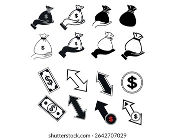Set of Money Icons Featuring Dollar Signs, Money Bags, and Arrows, money, dollar, finance, investment, growth, wealth, success, money bag, hand, icon set, graphic design, vector, black and white, simp