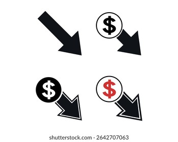 Set of Money Icons Featuring Dollar Signs, Money Bags, and Arrows, money, dollar, finance, investment, growth, wealth, success, money bag, hand, icon set, graphic design, vector, black and white, simp