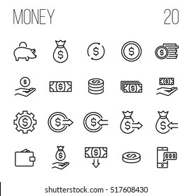 Set of money icons in modern thin line style. High quality black outline finance symbols for web site design and mobile apps. Simple linear money pictograms on a white background.