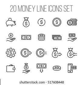 Set of money icons in modern thin line style. High quality black outline finance symbols for web site design and mobile apps. Simple linear money pictograms on a white background.