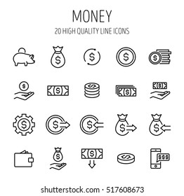 Set of money icons in modern thin line style. High quality black outline finance symbols for web site design and mobile apps. Simple linear money pictograms on a white background.
