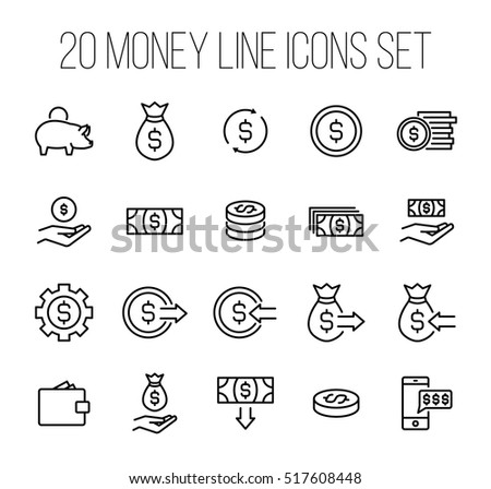 Set of money icons in modern thin line style. High quality black outline finance symbols for web site design and mobile apps. Simple linear money pictograms on a white background.