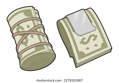 Set of money illustration. Money roll, money clips. Isolated vector illustration