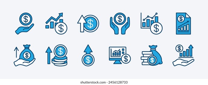 Set of money income icon. Containing profit, financial analysis data, finance graph, growth, investment, chart, fund, payment, revenue, statistic, earnings, management. Vector illustration