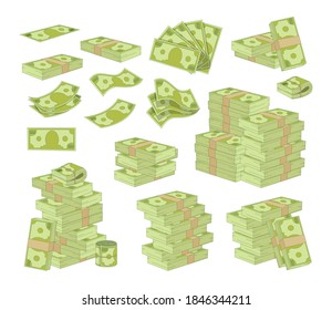 Set of Money Isolated on White Background. Packing and Piles of Dollar Banknotes, Green Paper Bills Stacks and Fans. Currency Objects, Lottery Win, Savings, Success. Cartoon Vector Illustration, Icons