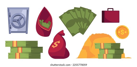 Set of Money, Items of Wealth Life. Savings, Bags with Currency, Suitcase, Cash, Safe, Banknotes and Coins Icons on White. Attributes of Prosperity and Financial Success. Cartoon Vector Illustration