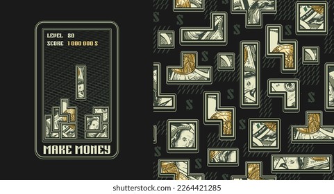 Con etiqueta de dinero, patrón con juego de computadora en bloque en estilo retro. Texto. Concepto de hacer dinero. Ilustración creativa en estilo vintage para impresiones, ropa, diseño de superficie.