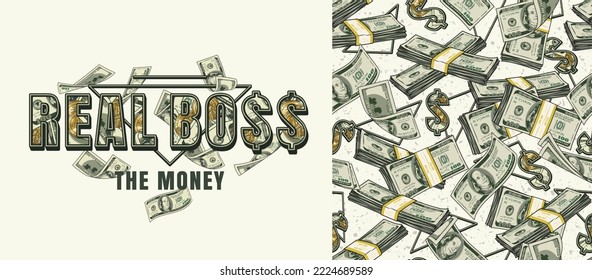 Set of money label and pattern with heap of 100 US dollar notes, dollar sign, text Real Boss the Money. Pile of cash money on white background. Good for clothing, surface design, fabric