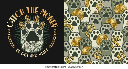 Set of money label and pattern. Raised up cats paws, gold one dollar coins, dollar sign between them, text. Good for clothing, surface design, fabric