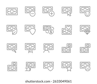 Set of money line icon. Flying cash, banknotes, stack of money, dollar bills. Vector illustration.