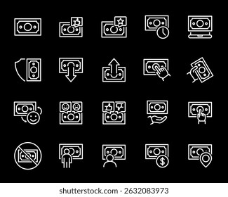 Ícone de linha de conjunto de dinheiro. Símbolo de métodos de pagamento. Ilustração vetorial.