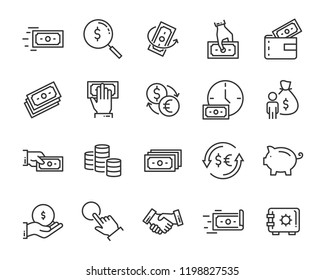 set of money line icons, such as currency, finance, digital, percent