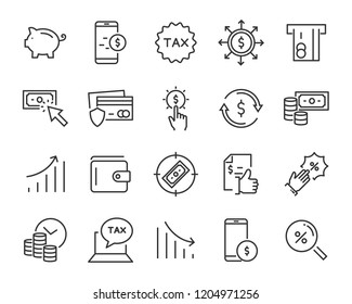 set of money line icons, such as currency, finance, digital, percent