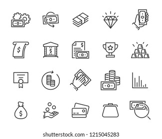 set of money line icons, such as currency, finance, digital, percent