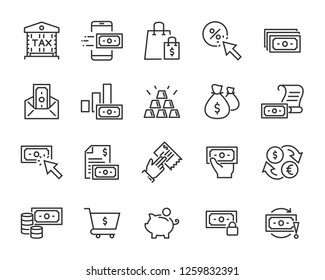 set of money line icons, such as currency, finance, digital, percent