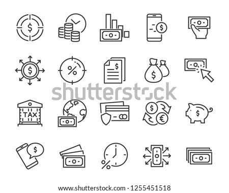 set of money line icons, such as currency, finance, digital, percent