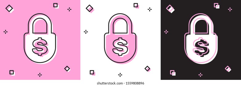 Set Money lock icon isolated on pink and white, black background. Padlock and dollar symbol. Finance, security, safety, protection, privacy concept.  Vector Illustration