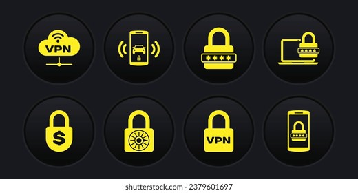Set Money lock, Laptop with password, Safe combination wheel, Lock VPN, Password protection and Smart car alarm system icon. Vector