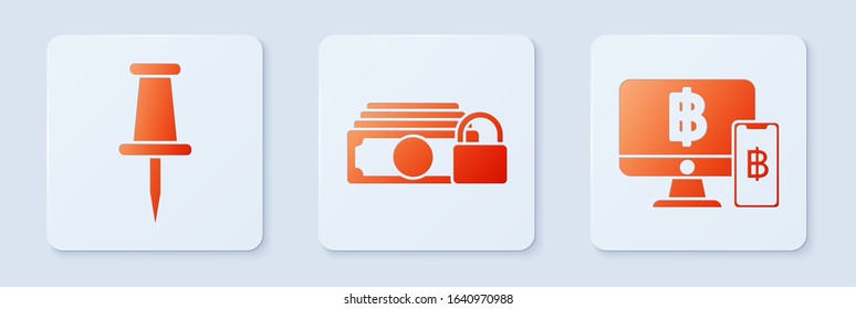 Set Money with lock, Push pin and Computer monitor with mobile phone and bitcoin. White square button. Vector