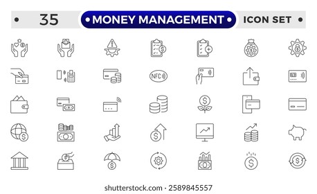 set of money management outline icon. money management, wallet, banking, ATM, piggy bank, investment profit, finance growth chart, money increase, finance icon collections. vector illustration.
