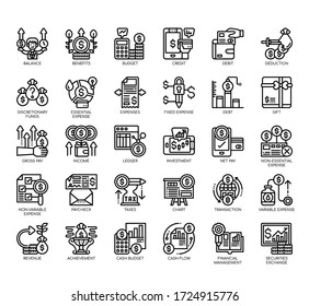 Juego de iconos finos de la gestión de dinero y de píxeles perfectos para cualquier proyecto web y de aplicación. 
