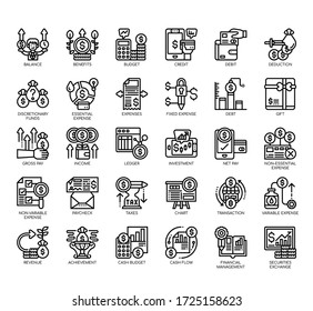 Juego de iconos finos de la gestión de dinero y de píxeles perfectos para cualquier proyecto web y de aplicación. 