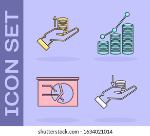 Set Money on hand, Money on hand, Board with graph chart and Pie chart infographic and coin icon. Vector