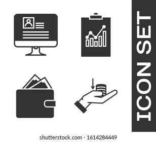 Set Money on hand, Computer monitor with resume, Wallet with stacks paper money cash and Clipboard with graph chart icon. Vector