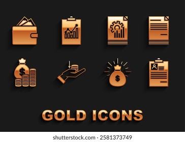 Set Money on hand, Document, Clipboard with resume, bag, coin, graph chart, Wallet stacks paper money cash and  icon. Vector