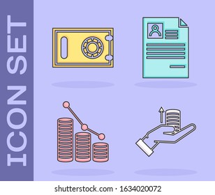 Set Money on hand, Safe, Pie chart infographic and coin and Resume icon. Vector