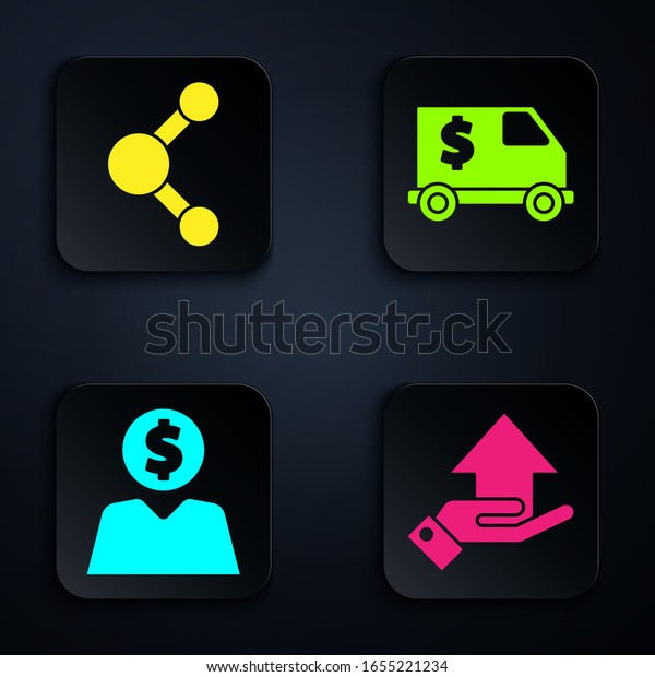 Set Money on hand, Share,
Business man planning mind and Armored truck. Black square button.
Vector