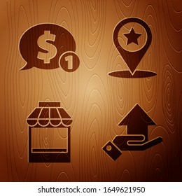 Set Money on hand, Speech bubble with dollar, Shopping building or market store and Map pointer with star on wooden background. Vector