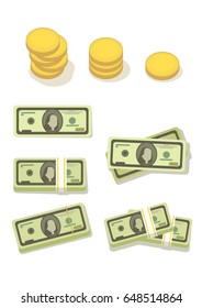 Set of money. Pack of dollars and gold coins isolated on a white background.