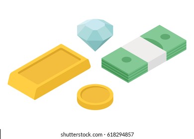Set of money with packet dollar diamond gold bar and coin. Isolated on white. Isometric flat vector illustration
