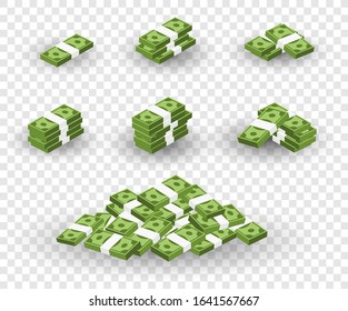 Set of money. Packing in bundles of bank notes. Isolated on transparent background.