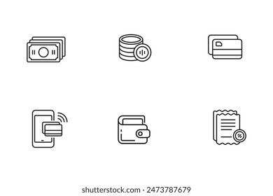 Conjunto de iconos de dinero y pago con diseño lineal sobre un fondo blanco