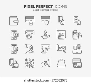 Set of money and payment methods thin line icons. Contains icons as pay online, bank check, mobile wallet, mobile payment, credit card and more. Editable stroke. 64x64 Pixel Perfect.