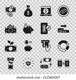 Set Money payment transfer, Pie chart infographic, Pos terminal, Laptop with dollar, Piggy bank coin, Stacks paper money cash,  and Inserting icon. Vector