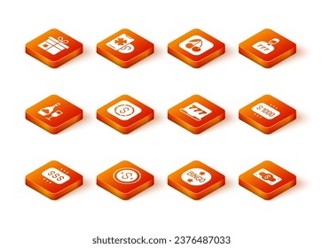 Set Money prize in casino, Coin money with dollar, Champagne bottle glass, Bingo, Laptop and slot machine, Stacks paper cash and  icon. Vector