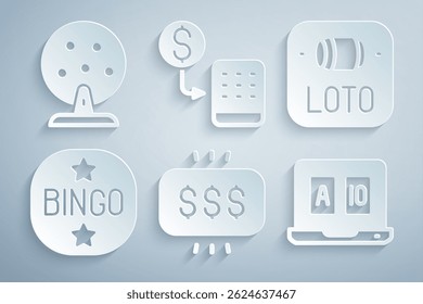 Set Money prize in casino, Lottery ticket, Bingo, Online poker table game, Casino chips exchange and machine icon. Vector