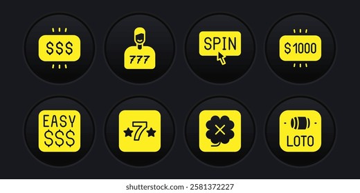 Set Money prize in casino, Casino slot machine, Slot spin button, Lucky player, Lottery ticket and  icon. Vector