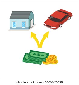 Set of money and property, bank notes, gold coins for car or home . flat vector cartoon style illustration isolate white background.money management. Rich and wealth.money icon.choose car or home