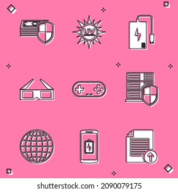 Set Money protection, UV, Power bank, 3D cinema glasses, Gamepad and Server with shield icon. Vector